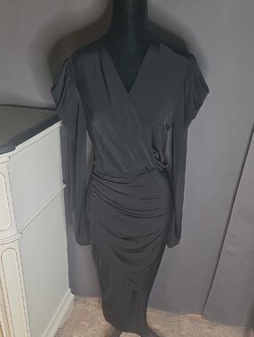 Fashion Nova Black Long-Sleeve Draped Ruched Dress